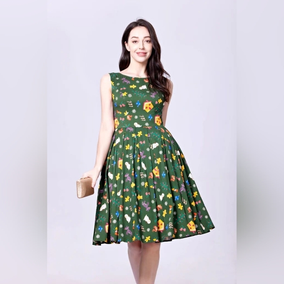 Unique Vintage/Miss Lulo Forest Green Fairy Tale Holiday Dress Size XL - Picture 2 of 10